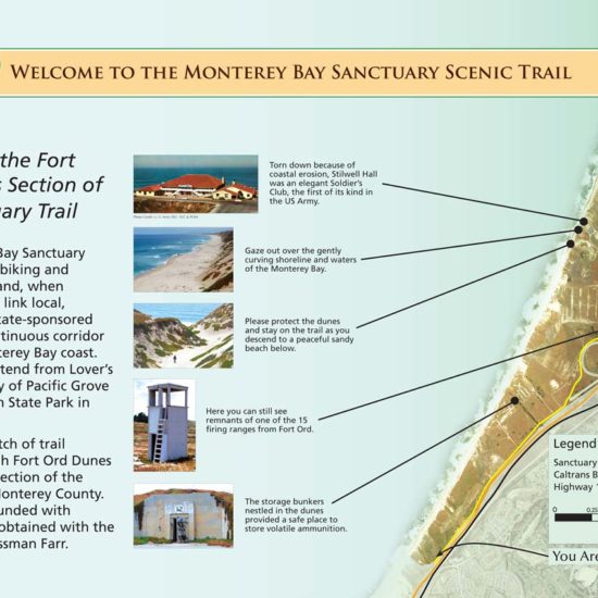 The Monterey Bay Sanctuary Scenic Trail is a biking and walking route and, when completed, will link local, regional, and state-sponsored trails, like the California Coastal Trail, into a continuous corridor along the Monterey Bay coast and beyond. A map on this trailside display shows sights along the way.